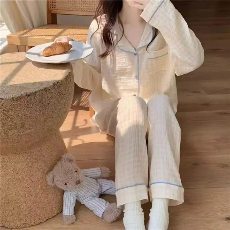 Ensemble de costume de maison ample, Cardigan en tissu crêpe à bulles, pantalon à manches longues, dessin animé étudiant décontracté, 2 pièces, vêtements pour femmes deux