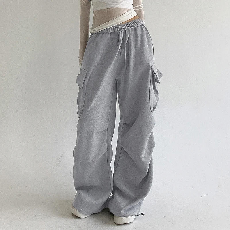 SUCHCUTE Casual Pocket-Pleated Straight-Leg Sweatpants Women Low-rise Loose Trousers Y2k Streetwear 90s Pants Harajuku All Match