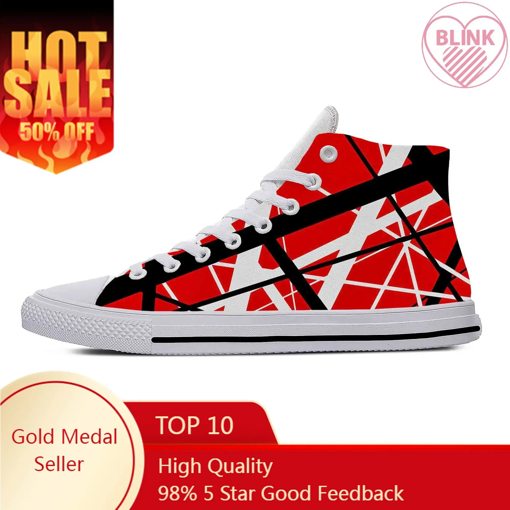 

Hot EVH 5150 Stripes Guitar Metal Rock Music Band Breathable Lightweight High Top Casual Cloth Shoes 3D Print Men Women Sneakers