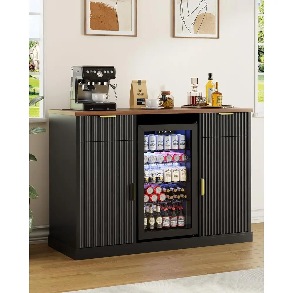 

55 Large Coffee and Liquor Bar Cabinet with Mini Fridge Space, Built-in Outlets, Ideal for Living or Dining Rooms, Sleek Black