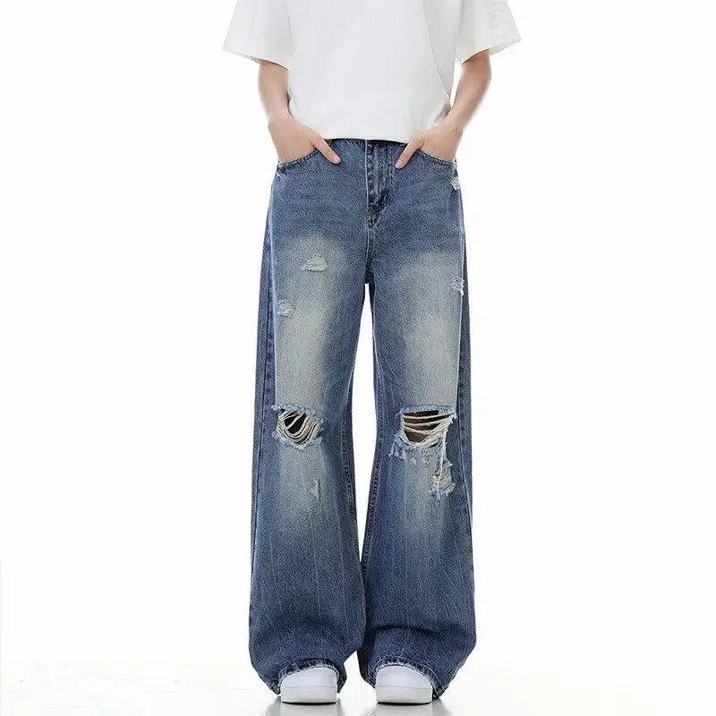 Calças Jeans Retrô Americanas Lavadas com Corte Solto e Perna Reta para Homens e Mulheres, Calças Longas Soltas da Moda de Ve...