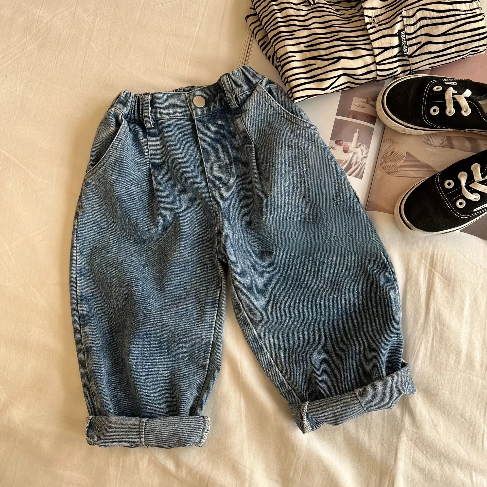 Sweet Mom Children's Jeans 2024Spring New Boys and Girls Solid Color Wide-Leg Straight Pants Baby Loose Trousers