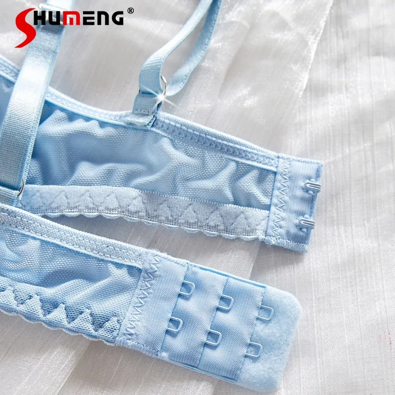 Blue Flower Sexy Lingerie Suits for Women Pure Desire Embroidered Bra Set with Underwire Female Push Up Ultra Thin Underwear