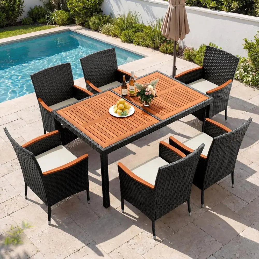 Dining 7 PCS urniture, Patio Contion Set with Acacia Wood Table Top, Outdoor, Beige Cushion and Black Rattan