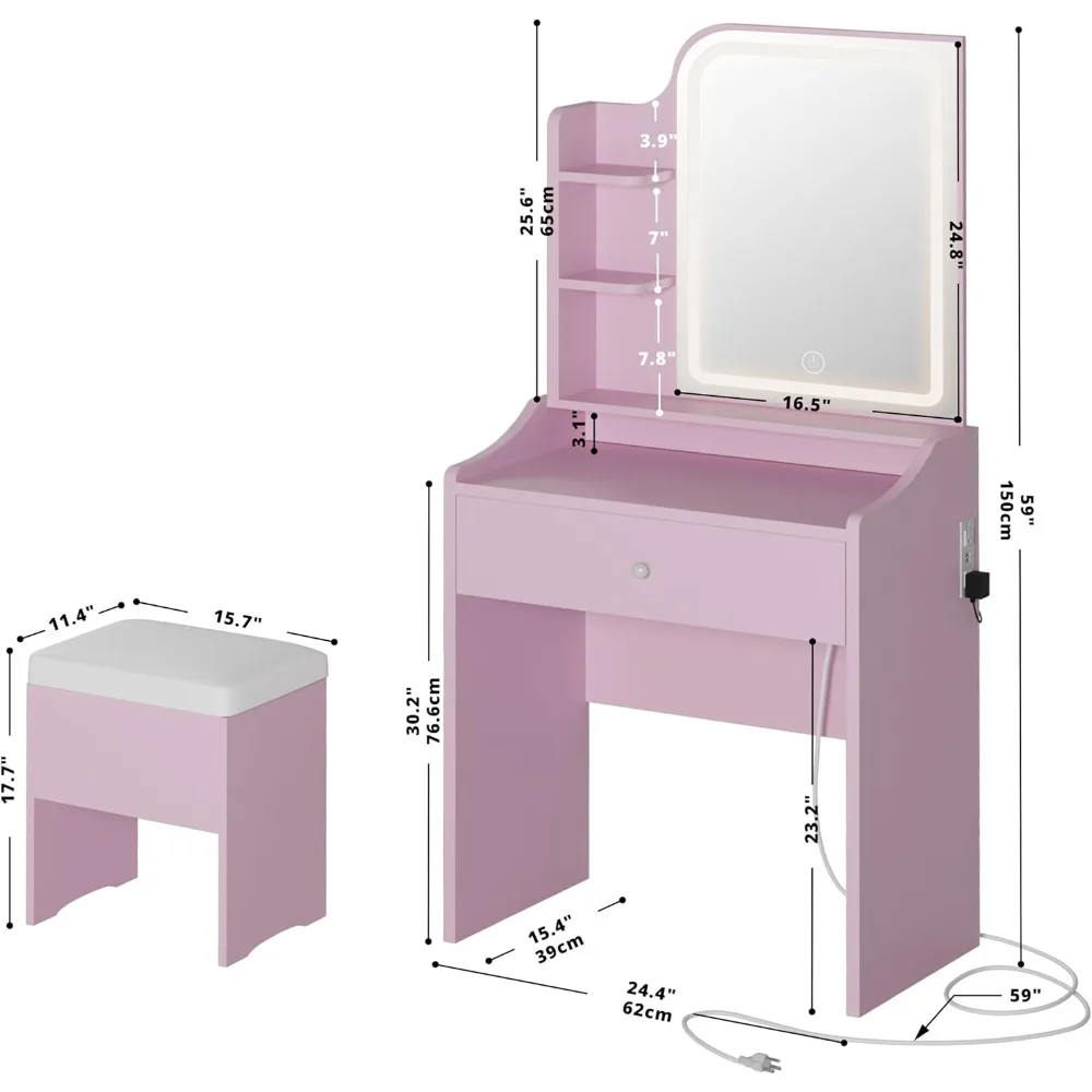 Small Makeup Vanity Desk with Mirror and Lights, Vanity Table Set with Storage Drawer, Chair and Three Shelves, Bedroom,Dressers