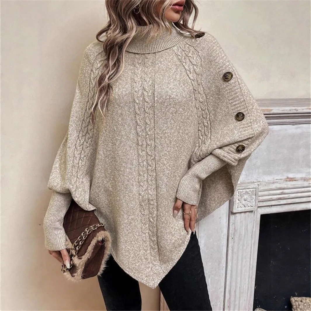 

Western Style Popular High Neck Button Long Sleeve Bat Pullover Sweater for Women Autumn Winter Hot Selling Trend Women Clothing