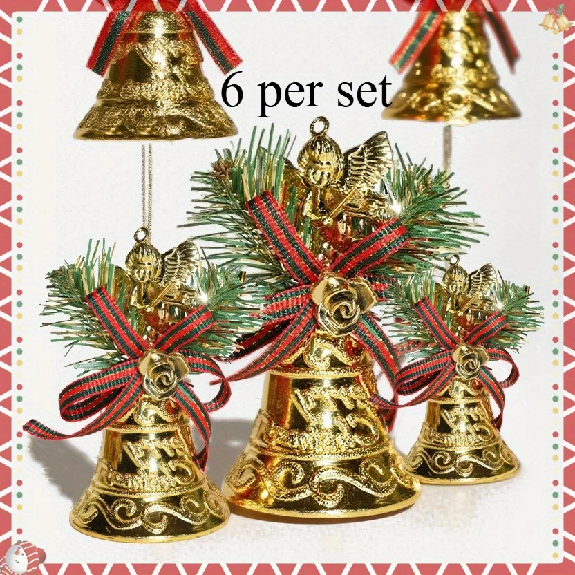 6 Stück goldene Glocken-Anhänger, Weihnachtsbaum, Schleife, Engel, Bühnen-Set, Glocken-Anhänger, hängende Dekorationen für Zuhause, Garten, Türen, Weihnachten