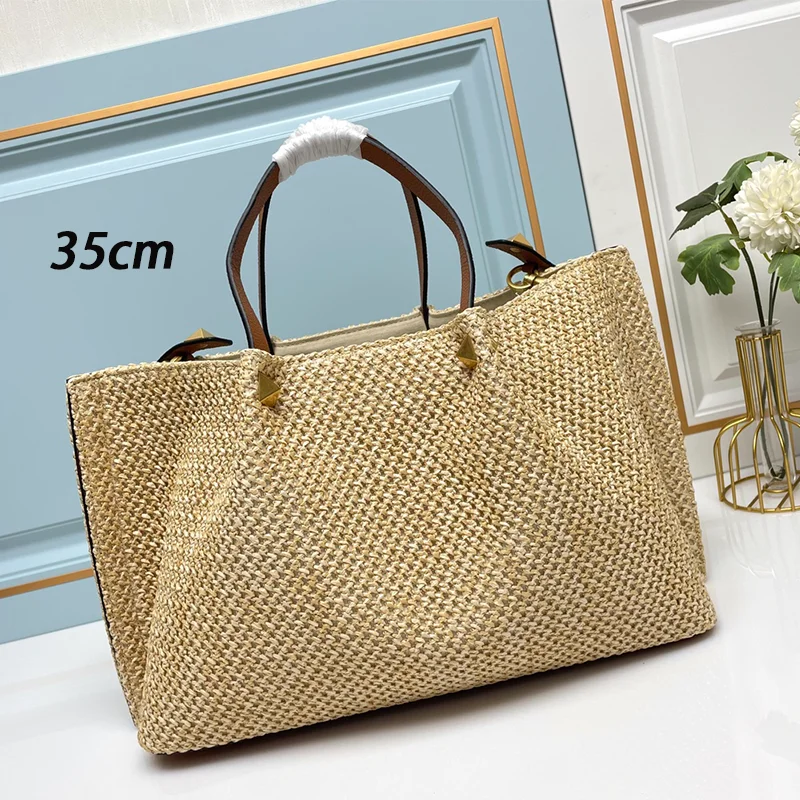 2024 New Spring/Summer Tote Bag High Quality Natural Grass Woven Foreskin Leather Handle Shoulder Strap Handheld Shoulder Bag