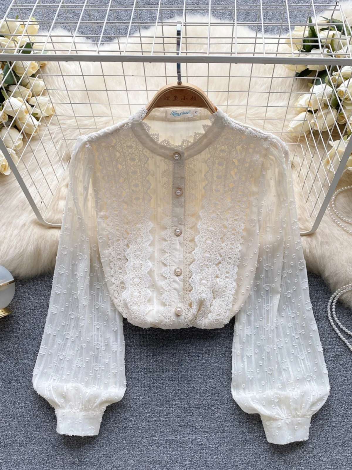 Faionable Lace irt Donna Slim Fit Primavera Autunno 2023 Bubble Sve Colletto alla coreana Strato base sottile Top Coreano Sle