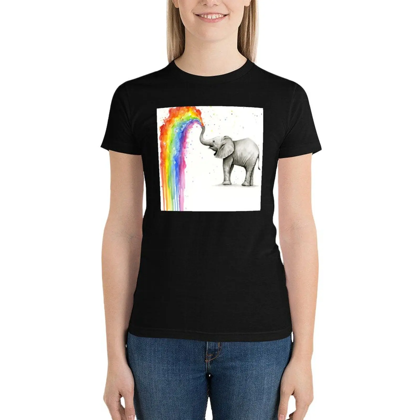 

Baby Elephant Spraying Rainbow T-Shirt graphics aesthetic clothes t shirts for Womens