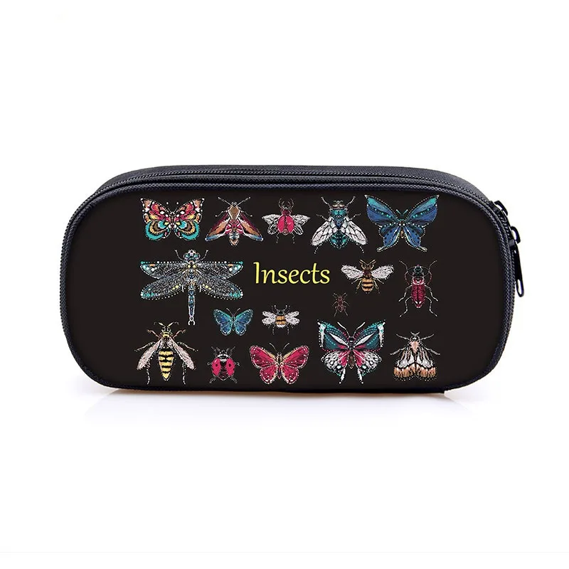 Cute Insects Print Cosmetic Case Pencil Bag Women Makeup Bags Butterfly Dragonfly Honeybee Pen Box Casual Storage Bags Organizer