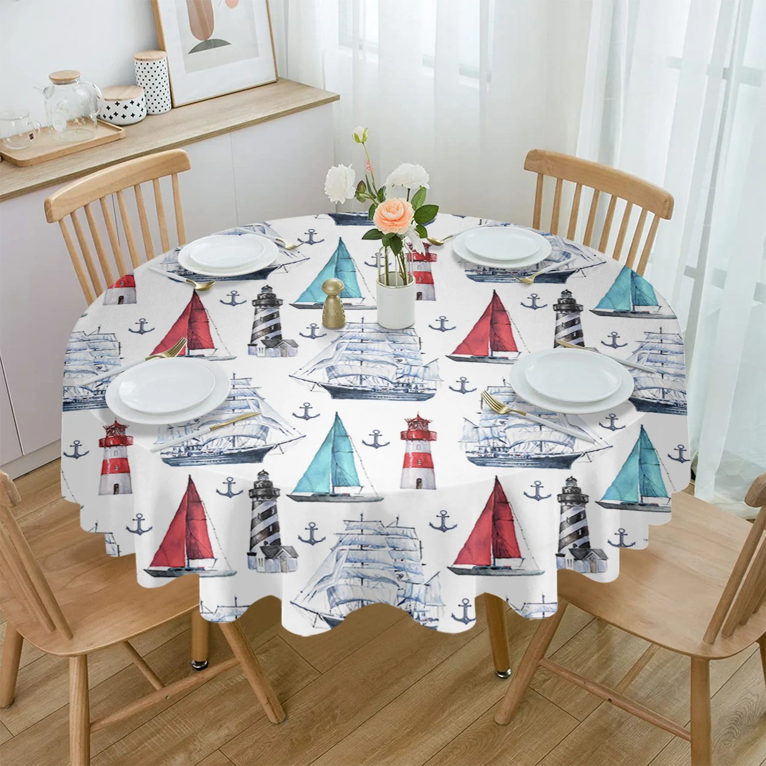 Watercolor Ocean Sailing Lighthouse Waterproof Tablecloth Table Decoration Wedding Home Kitchen Dining Room Round Table Cover