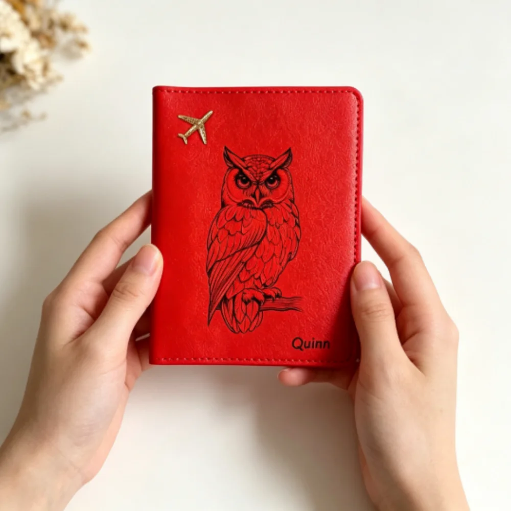 Custom Owl Pattern Name Passport Holder, Ultra Thin Multi Card Slots Wallet, Gift For Parents Valentine's Day Birthday