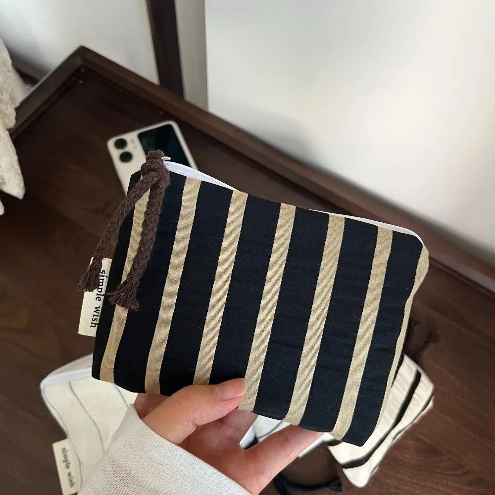 Cotton Linen Material Mini Coin Purse Polka Dot Design Portable Size Jewelry Storage Bag Striped Pattern Minimalist Style