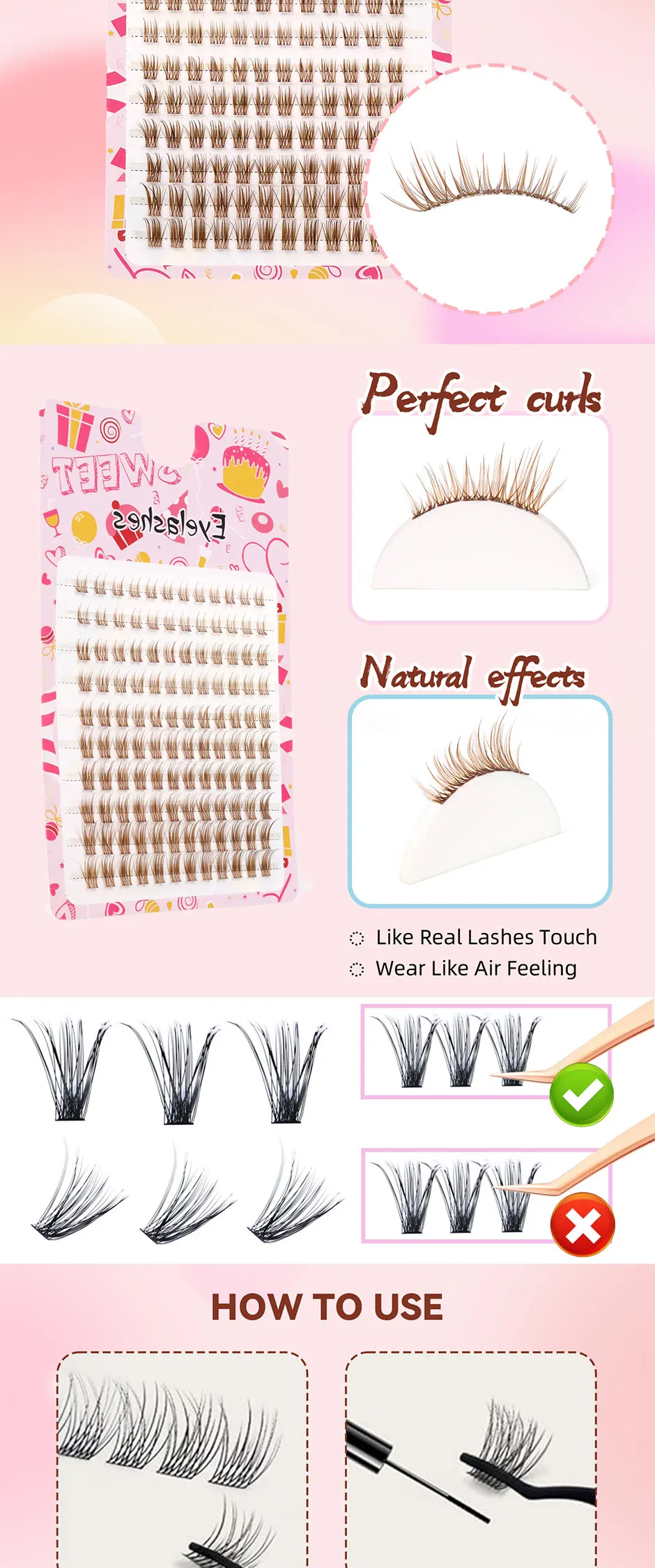 120 Cluster, braune künstliche Wimpern, natürlich flauschig, fächerförmige Wimperncluster, bequem und leicht, süß und niedlich, geeignet für das tägliche Make-up, großes Volumen, für Anfänger geeignet, goldbraune Farbe – Detail 3
