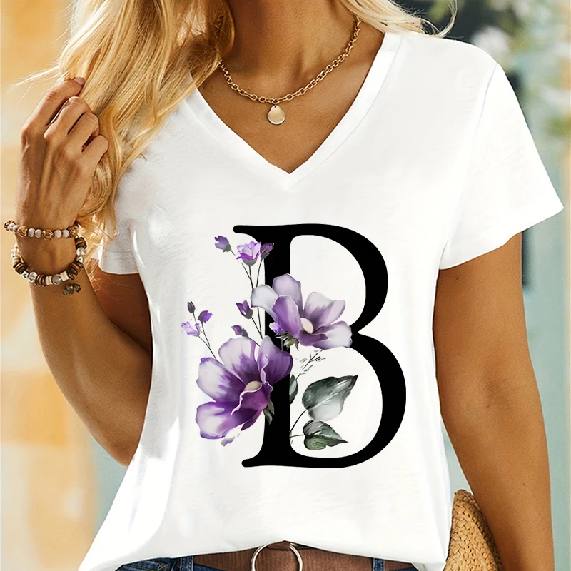 Women's Clothing A-Z 26 Alphabet Flower Premium Summer T-shirt 26 Initials Floral Essential Tshirt Vintage Flower Gift T-shirts