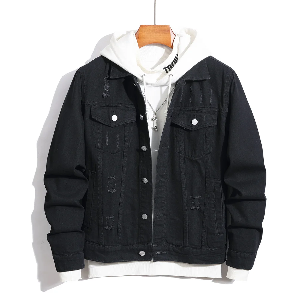 

New Men High street Fashion Distressed Slim Denim Jacket High quality Male Simple Black Holes Casual Jacket Coat