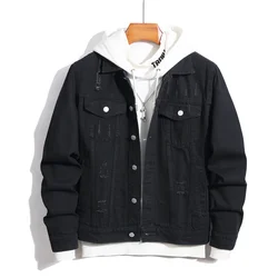 New Men High street Fashion Distressed Slim Denim Jacket High quality Male Simple Black Holes Casual Jacket Coat