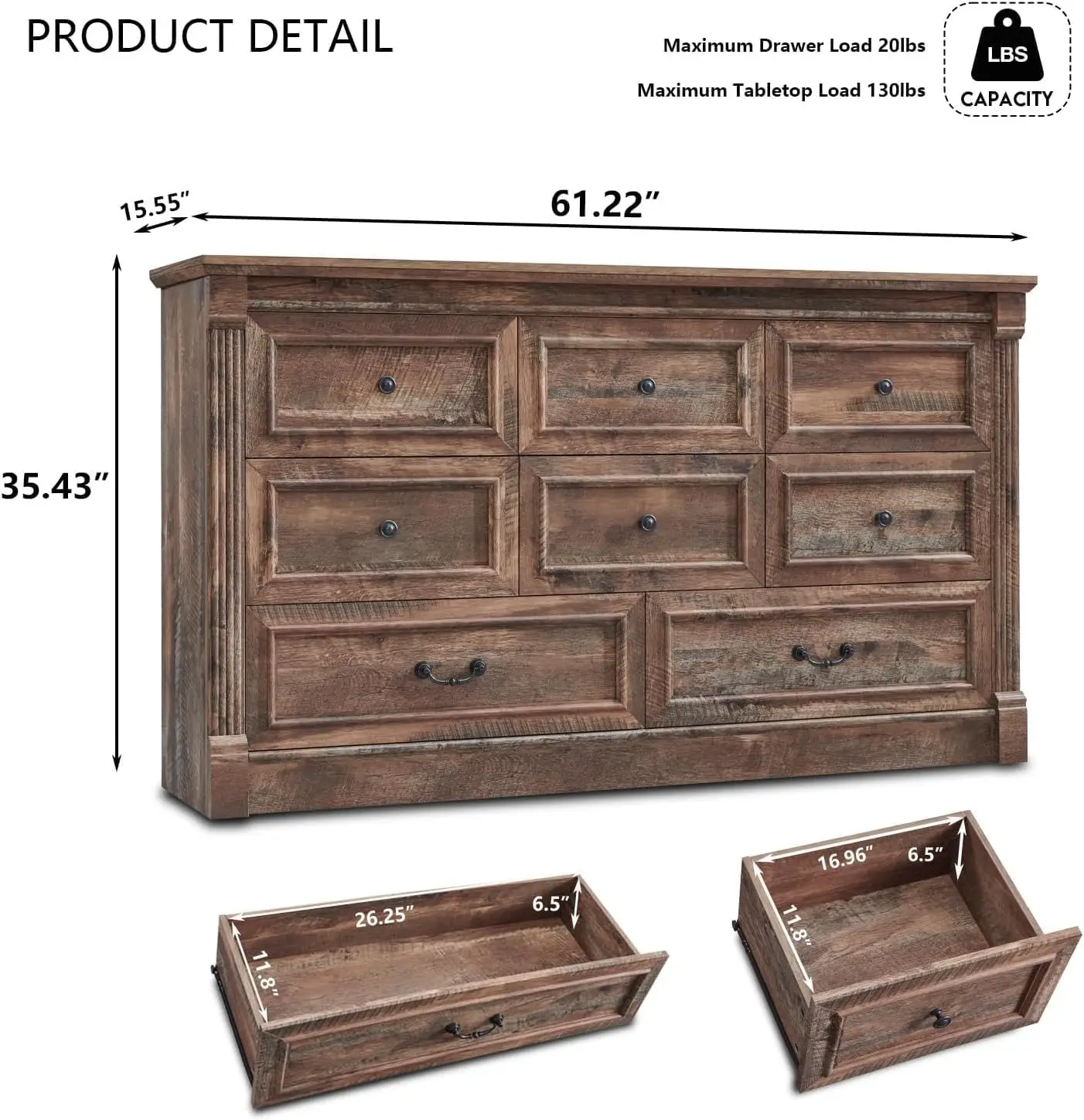 Cabinet with Storage, Wood Rustic Sideboard Buffet Cabinet w/8 Drawers, Coffee Bar Cabinet w/Roman Column, Versatile Storage Cab