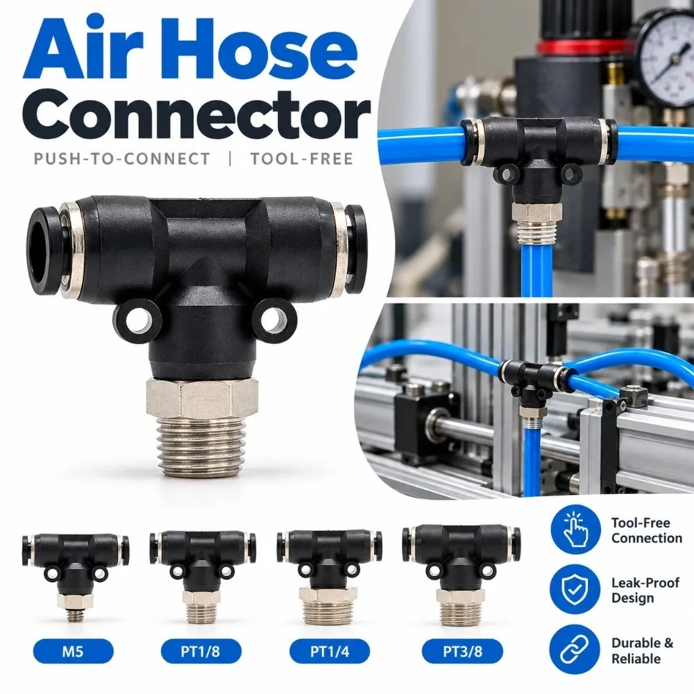 T Shape Air Hose Connector 4-6mm Tube Male Threaded Port Quick Fitting Tee Leak Resistant Versatile Three Way Air Fitting