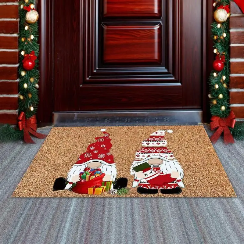 VIKAMA Christmas Entrance Door Mat Durable Two Gnomes Gift Box Coir Look Print Non Slip Mat For Front Door Porch Xmas Decor