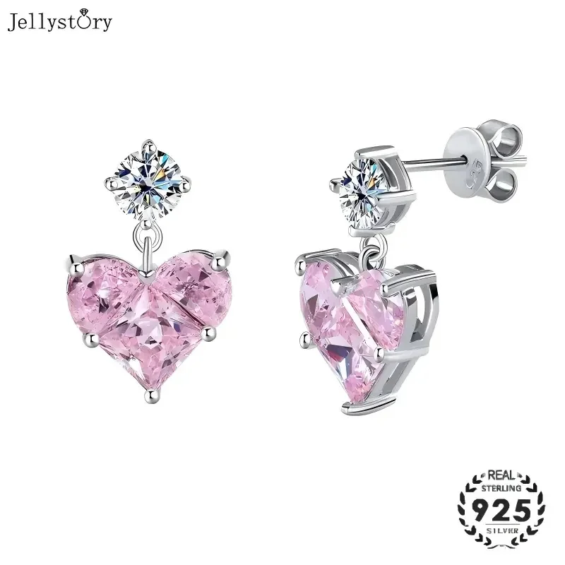 Boucles d'oreilles en argent sterling S925 pour femmes avec pendentifs en forme de cœur en diamant moissanite, design de la série Love, cadeau pour la Saint-Valentin