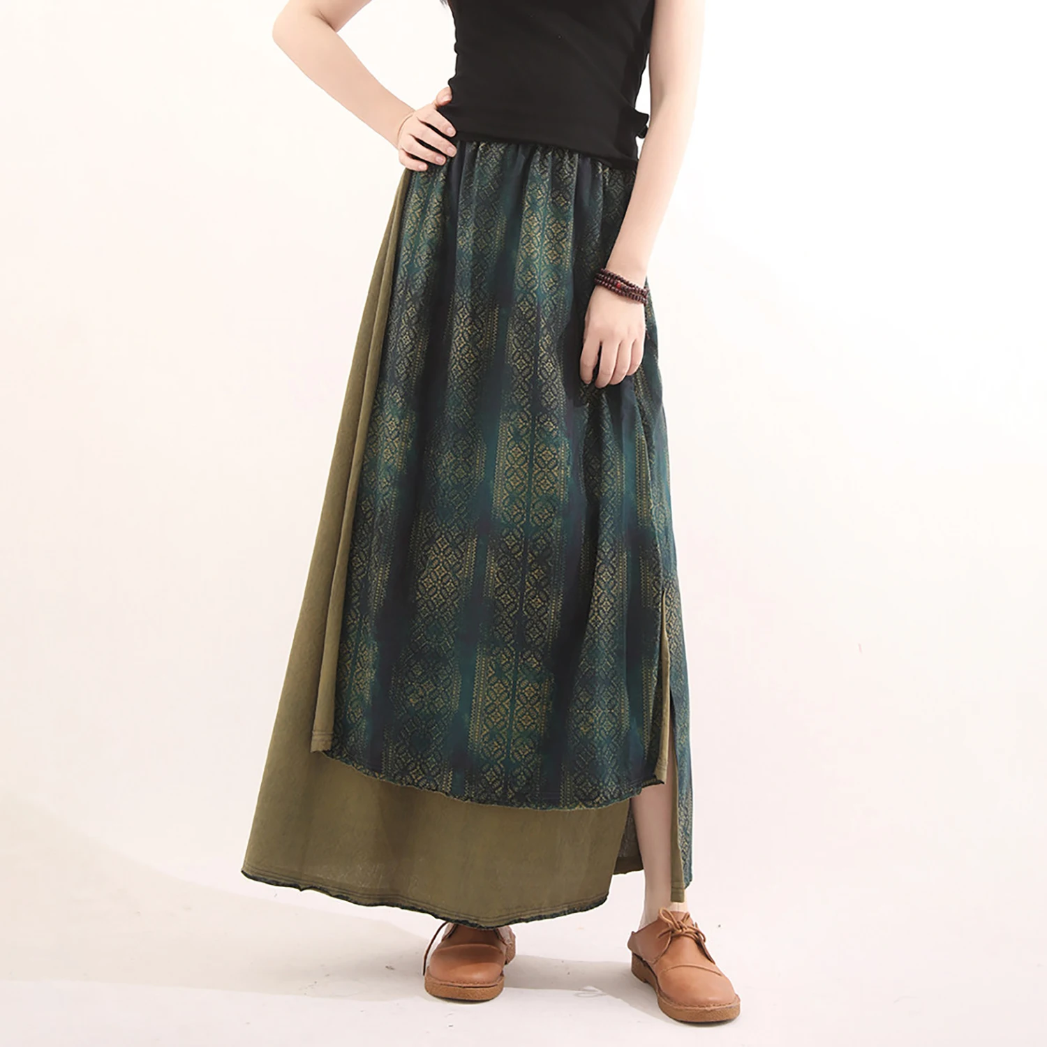 

LZJN 2026 Spring/Summer New Arrival Ethnic Vintage Washed Print Skirt / Retro Elastic Waist Versatile Midi/Maxi Skirt for Women