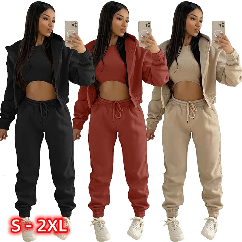 

3pcs Casual Suit Fleece Drawstring Solid Colour Crop Hoodie Fashion Long Sleeve Hoodie Trouser Vest Suit 7 Colors