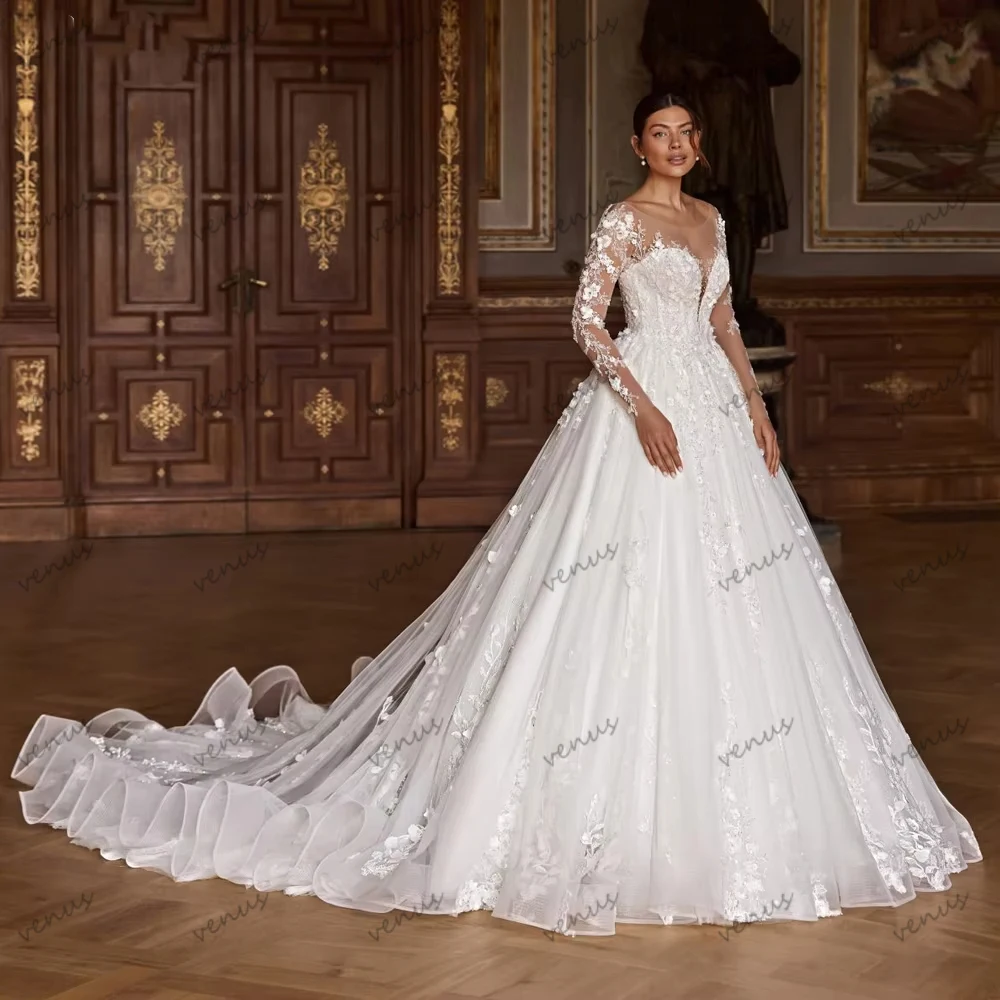 Abiti da Sposa Glamour, Vestiti Nuziali Vintage con Applicazioni in Pizzo, Maniche Lunghe, Eleganti e Personalizzabili, Vestidos De Novia