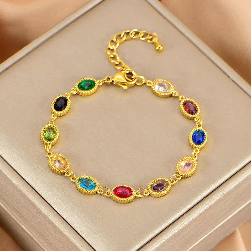 

Kuziduocai эффектные ювелирные изделия из 100% нержавеющей стали, новинка 2023 года, красочный циркон, модная подвеска-цепочка, теннисный браслет для женщин