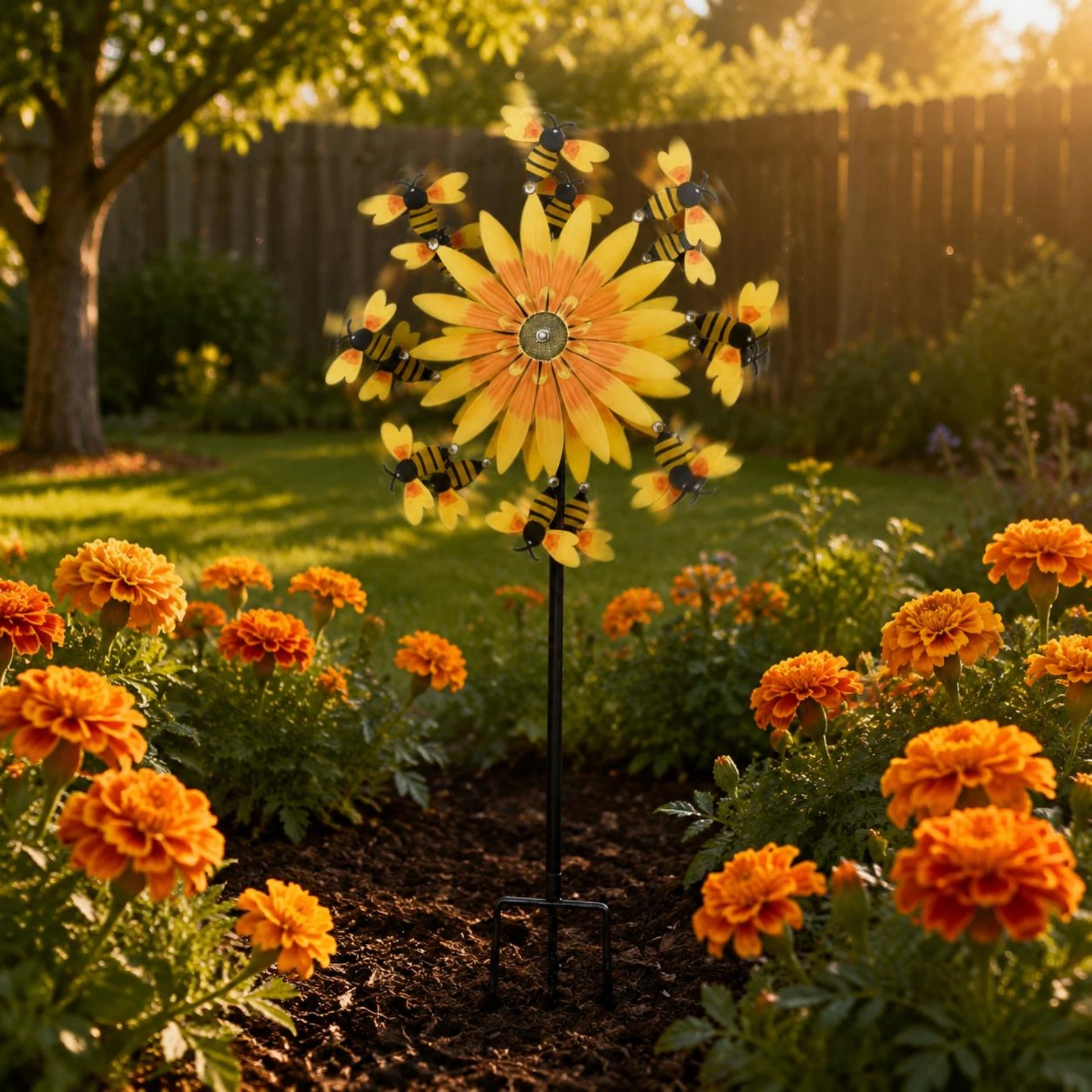 Sunburst Bee Wind Whirligig Weather-Resistant Metal Sunburst Wind Whirligig Outdoor Decor Handmade Type Solar Garden Look