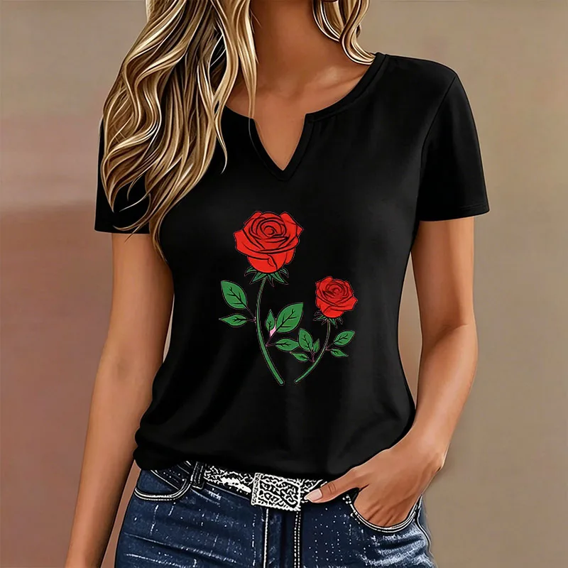 Graphic T-shirt V Neck Casual Fashion Y2k Rose Floral T Shirts Women Short Sleeve Tee Shirt V-Neck Summer Spring