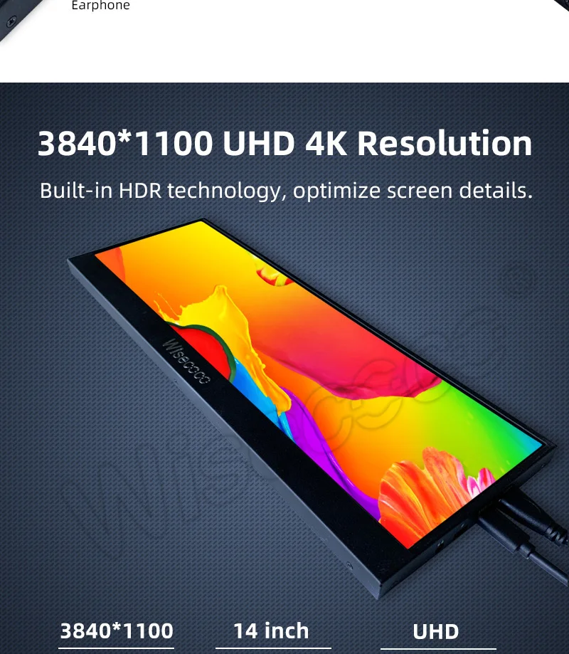 Wisecoco 14 Polegada 3840x1100 4K Stretched Bar Touchscreen