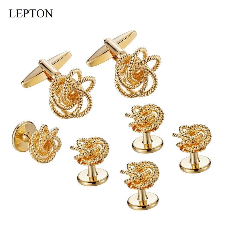 Low-key Luxury Metal Knots Cufflinks Tuxedo Studs Sets Lepton 14K Gold Color Plating Cuff links Collar Studs Cufflink For Mens