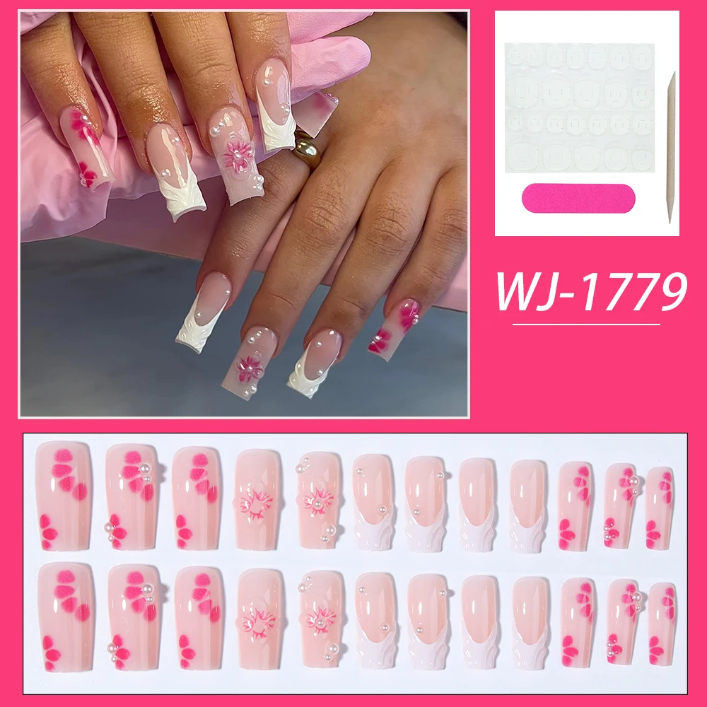 24 قطعة/المجموعة/مجموعة جلنيال ثلاثي الأبعاد يجعل زهور مربعة متوسطة مع تصميم لؤلؤي طرف فرنسي اضغط على الأظافر متوسطة تناسب أكريليك تمامًا F