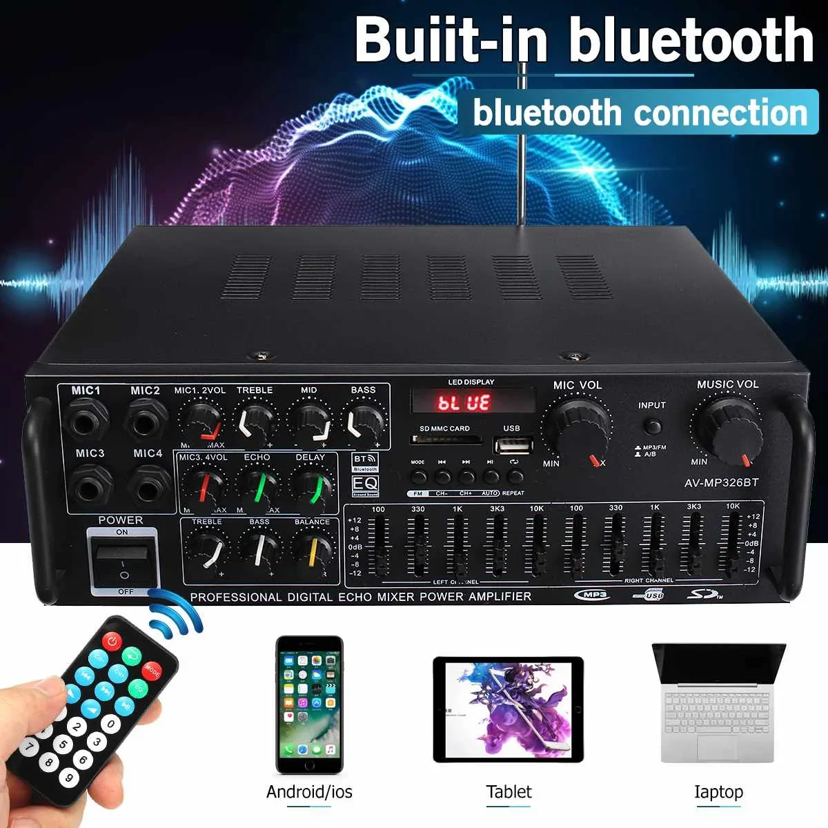 2000W 5.0 bluetooth 2 Channel Audio Power HiFi Amplifier 326BT 12V/220V AV Amp Speaker For Car Home with Remote Control 4 Micro