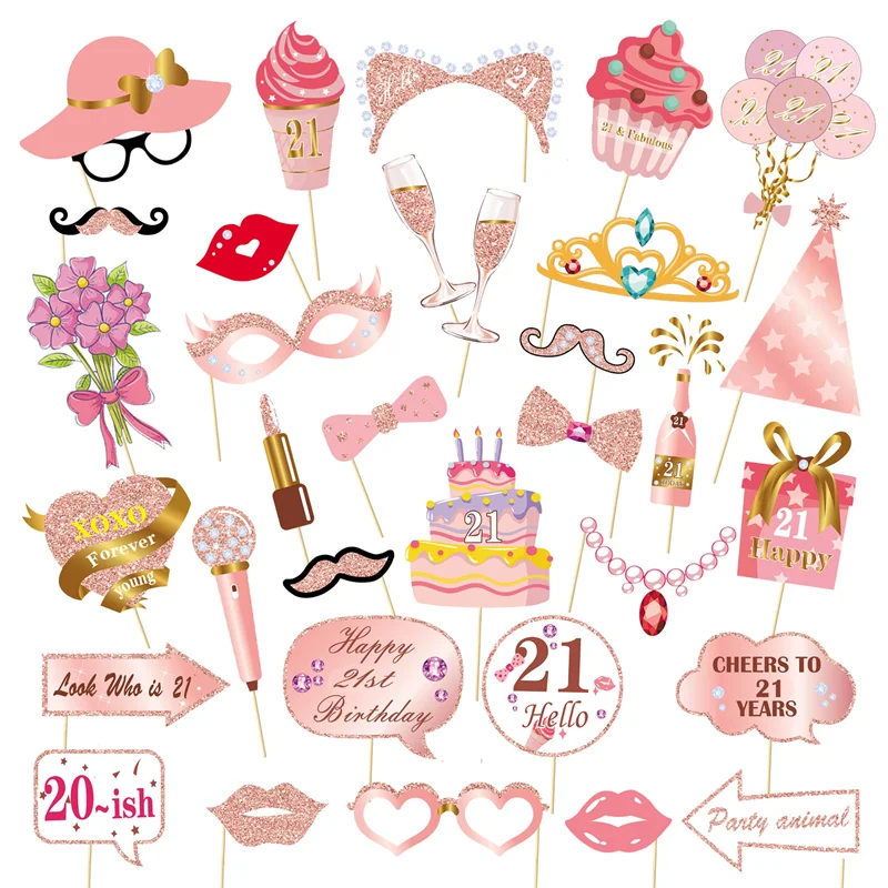 Juego de accesorios de fotomatón de cumpleaños para niñas, decoración de fiesta de cumpleaños de princesa, Rosa feliz, 13, 16, 30, 40, 50, 60, 1 Juego