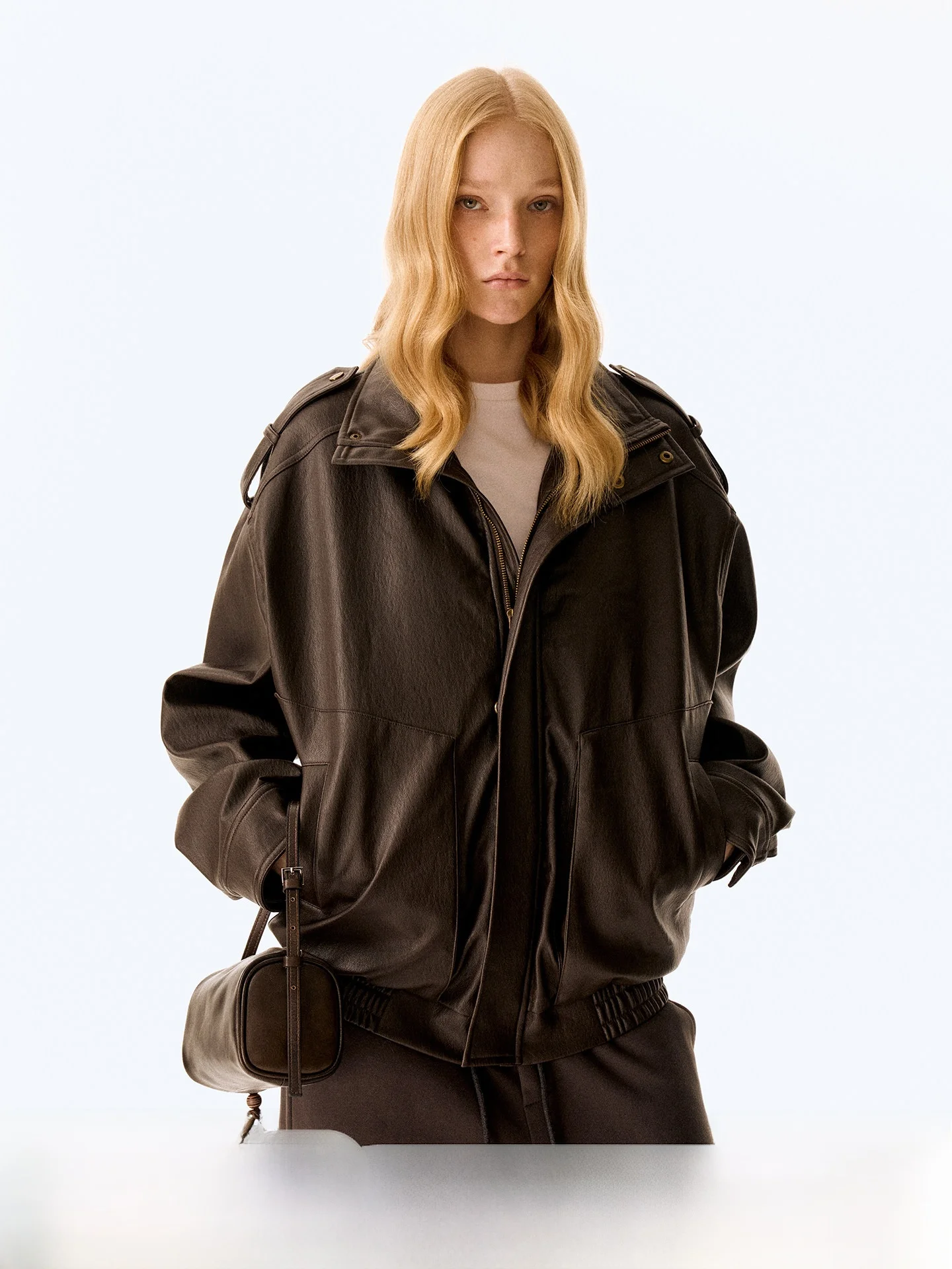 

Firstfloor Autumn Winter Vintage Stand Collar Loose Windproof Texture Casual Leather Jaet ort Outerwear Top Women's Faion