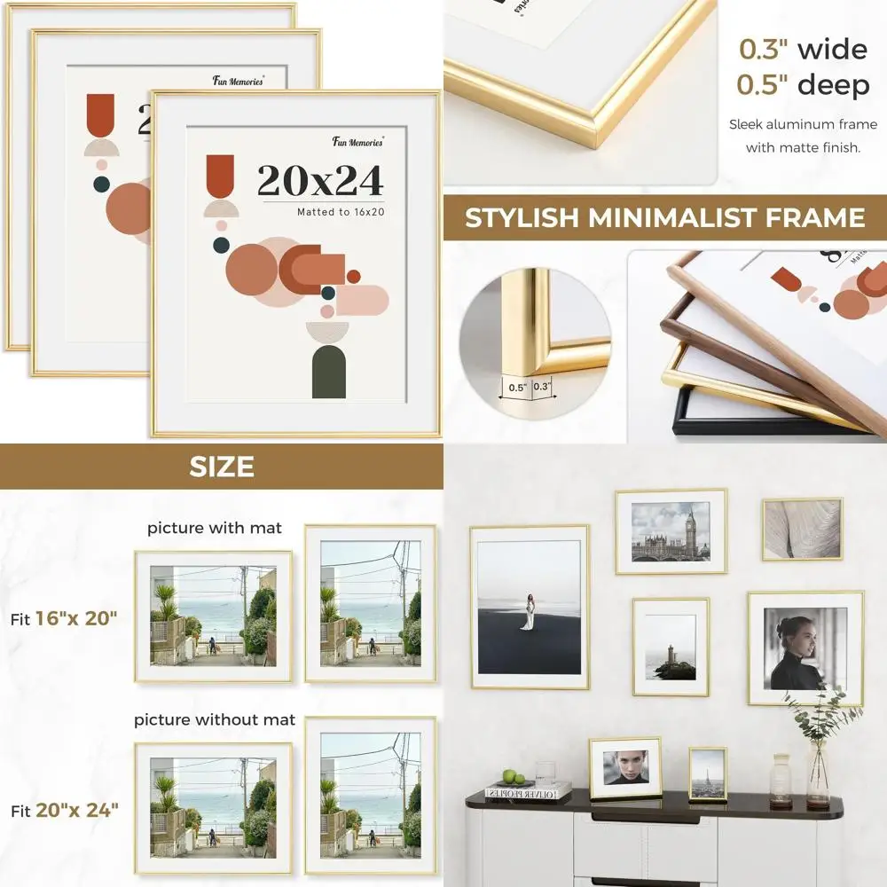 

Set of 3 Arched PVC Picture Frames, 20x24, for 16x20 Photos with Mat or Without, Shatterproof, Lightweight, Water-Resistant, Spa