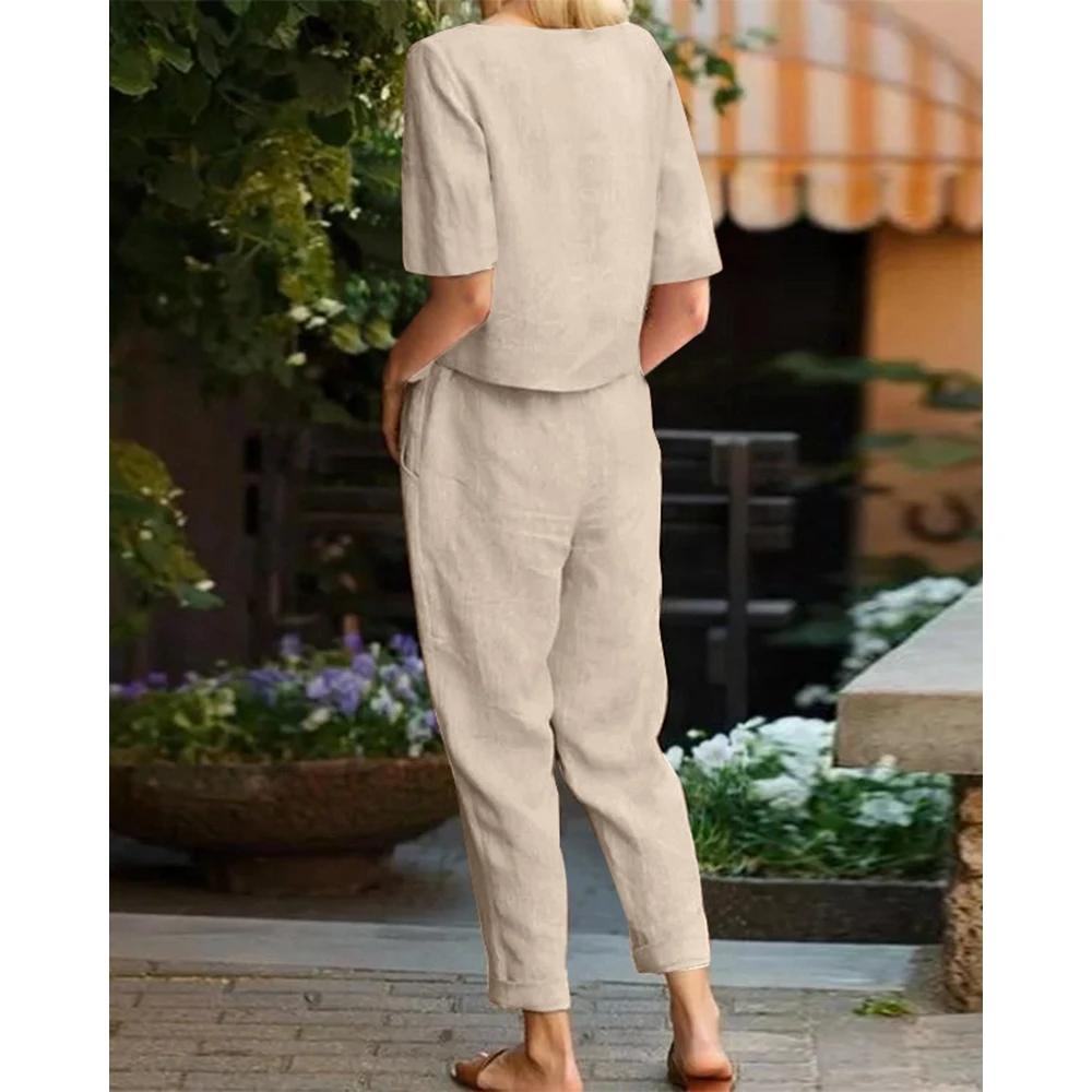 Women Cotton Linen Short Sleeve Round Neck Top & Pencil Pants Set Causal Solid Color Female Two Pieces Suit Set Streetwear