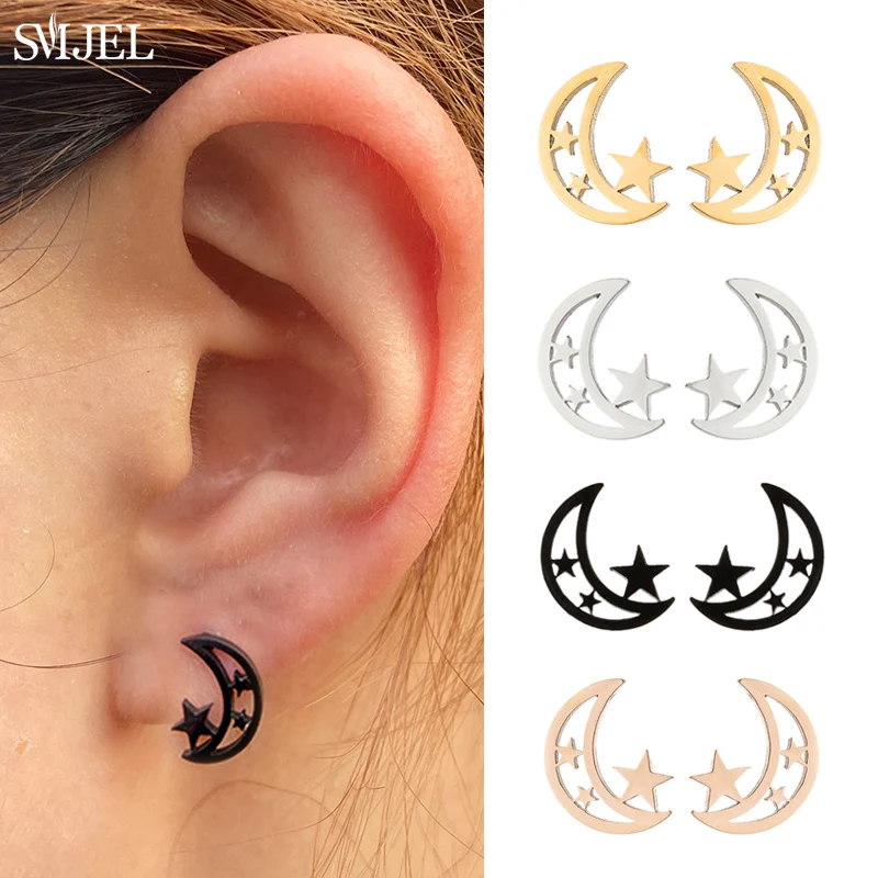 Mini Stainless Steel Earrings for Women Geometric Cat Fish Crown Heart Key Face Earring Korean Star Moon Studs Jewelry Gift