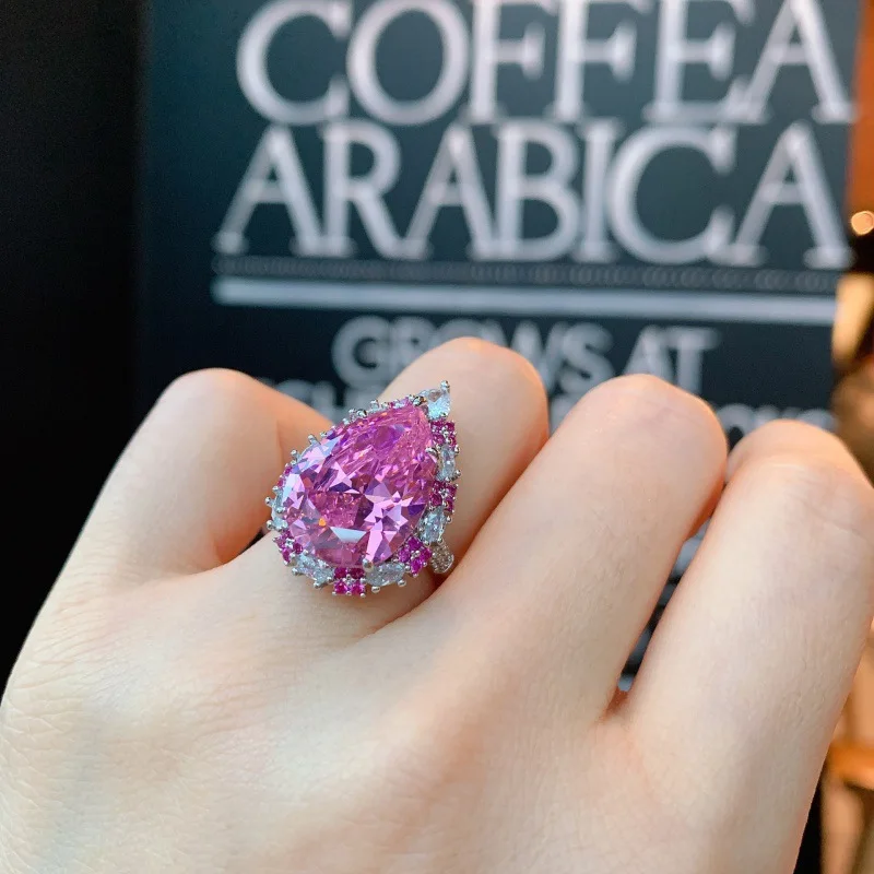2026 New European and American Simulation Powder Zircon Color Separation Stone Antique Style Ring Water Droplet Women's Jewelry