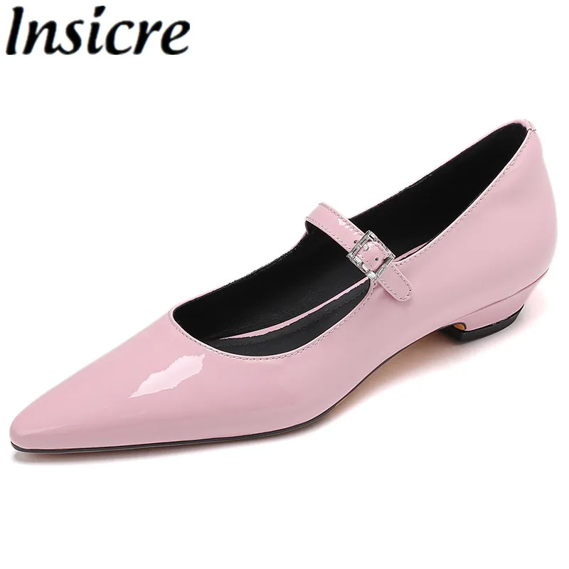 

Insicre 2025 New Elegant Women's Pumps Cow Patent Leather Pointed Toe Buckle Handmade Mary Janes Thick Low Heels Summer Shoes