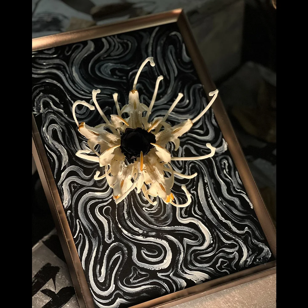 Red Spider Lily Bone Sculpture With Frame Handmade Animal Skeleton Art for Home Decor, Curiosity Cabinet, Collection Unique Gift