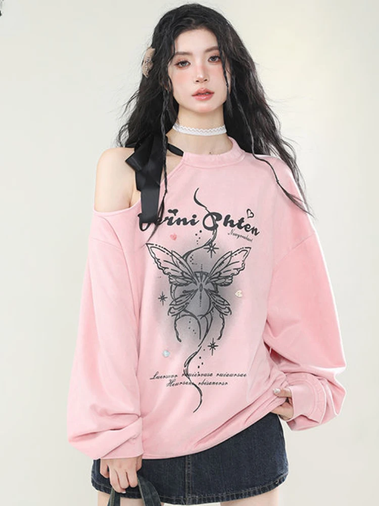 Sudaderas con capucha con estampado de mariposa Kawaii para mujer, Tops Grunge, sudaderas casuales de gran tamaño, estética Y2k, vendaje hueco, Harajuku