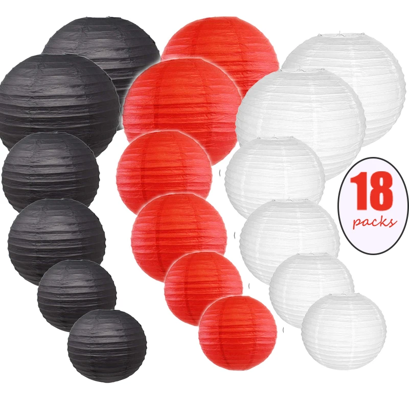 

18 PCS traditional Round Paper Lantern Wedding Lantern 8, 10, 12 Inch Decorative Ballfor Birthday Party(Black, White, Red)