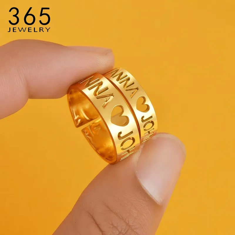 

Couple Style Custom Name Personalized Ring Hollow Heart Name Sweet Romantic Ring Stainless Steel Engagement Memorial Day Gift