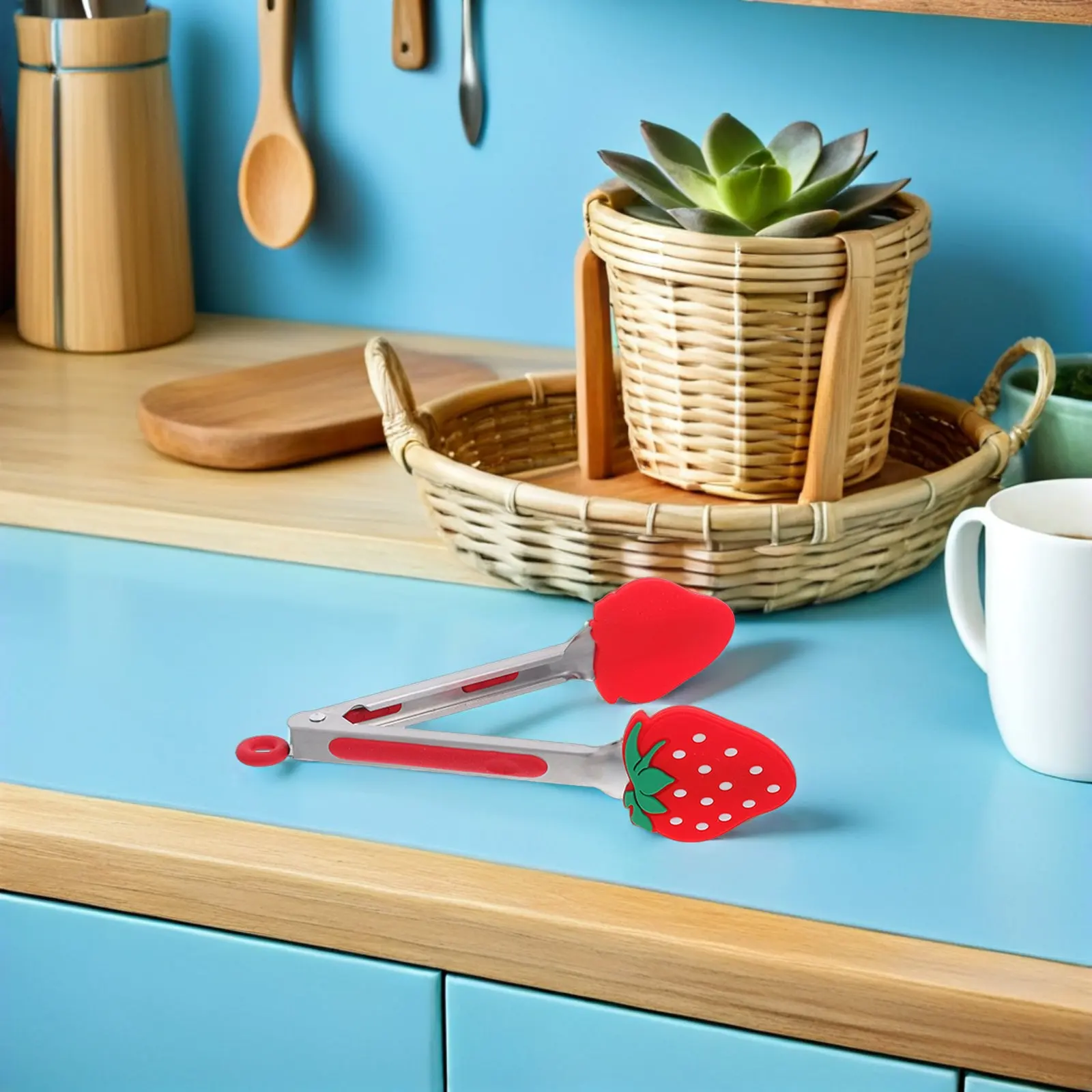 Stainless Steel Food Tongs Cute Strawberry Silicone Tip Non-Scratch Heat Resistant Locking Bbq Grilling Kitchen Cooking Salad