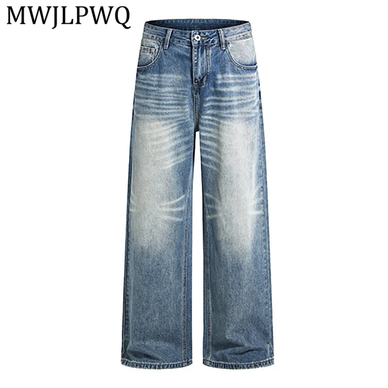 

Джинсы MWJLPWQ в американском ретро-стиле, прямые, широкие, с эффектом потертости, для мужчин, в стиле High Street, с рваными краями, винтажные, свободного кроя, 14245