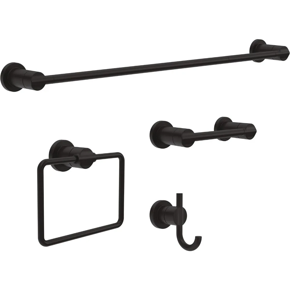 

4-Piece Matte Black Bathroom Set with Towel Rack, Toilet Paper Holder, Hand Towel Holder, and Hook for Modern Decor